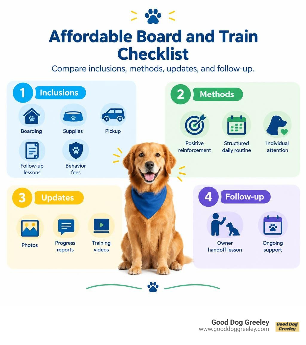Affordable board and train checklist: compare inclusions, methods, updates, and follow-up infographic Affordable board and train checklist: compare inclusions, methods, updates, and follow-up infographic