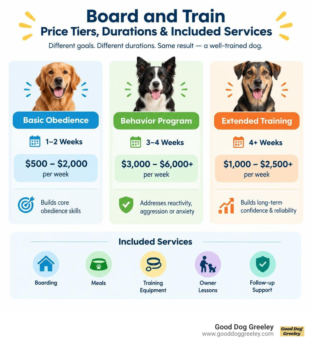 Board and train price tiers, durations, and included services infographic Board and train price tiers, durations, and included services infographic