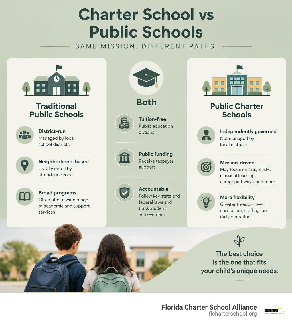 Charter school and public school comparison infographic