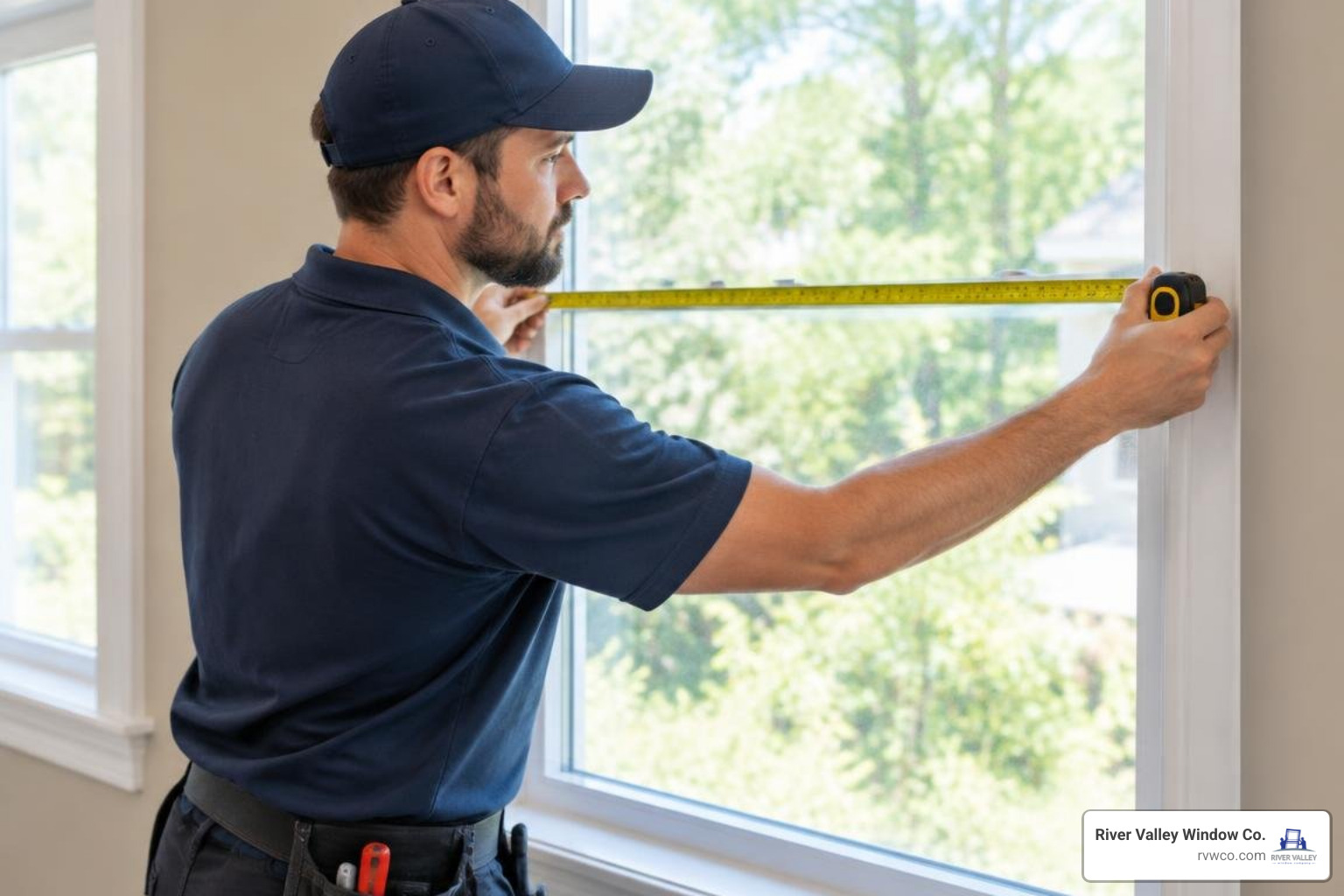 Window technician measuring frame dimensions for custom glass replacement Window technician measuring frame dimensions for custom glass replacement
