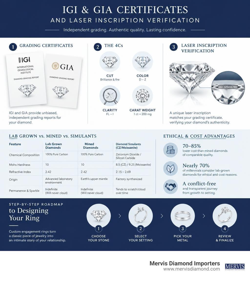 IGI and GIA diamond grading certificates and laser inscription verification infographic