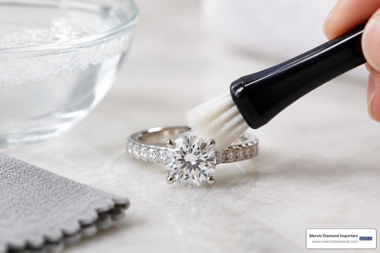 Essential jewelry care tools, soft brush, and diamond ring cleaning inspection
