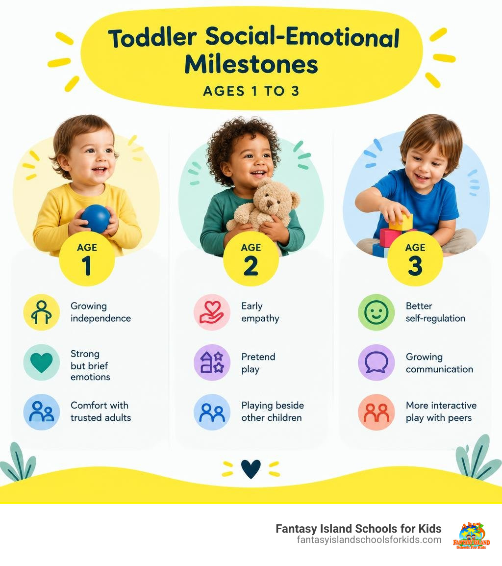 Infographic of toddler social-emotional milestones from ages 1 to 3 infographic