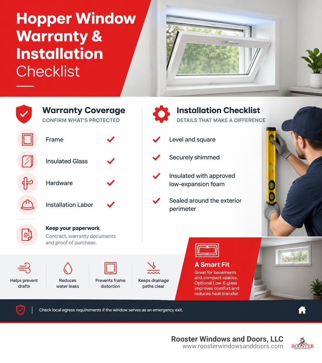 Hopper window warranty and installation checklist infographic Hopper window warranty and installation checklist infographic