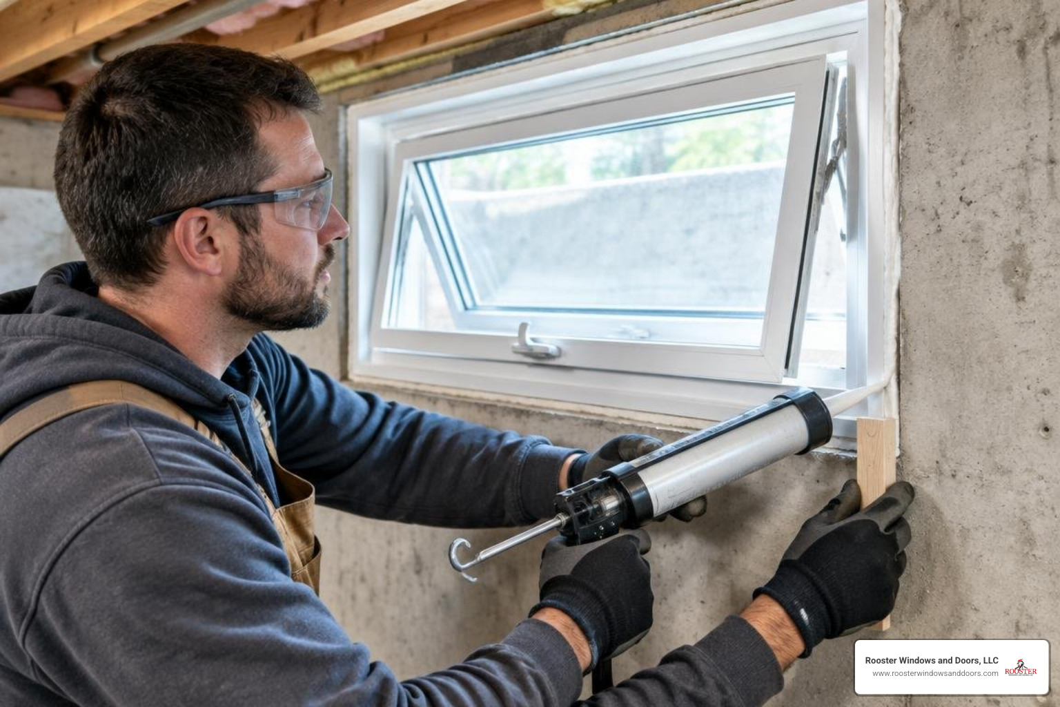 Window installer securing shims and applying perimeter sealant Window installer securing shims and applying perimeter sealant