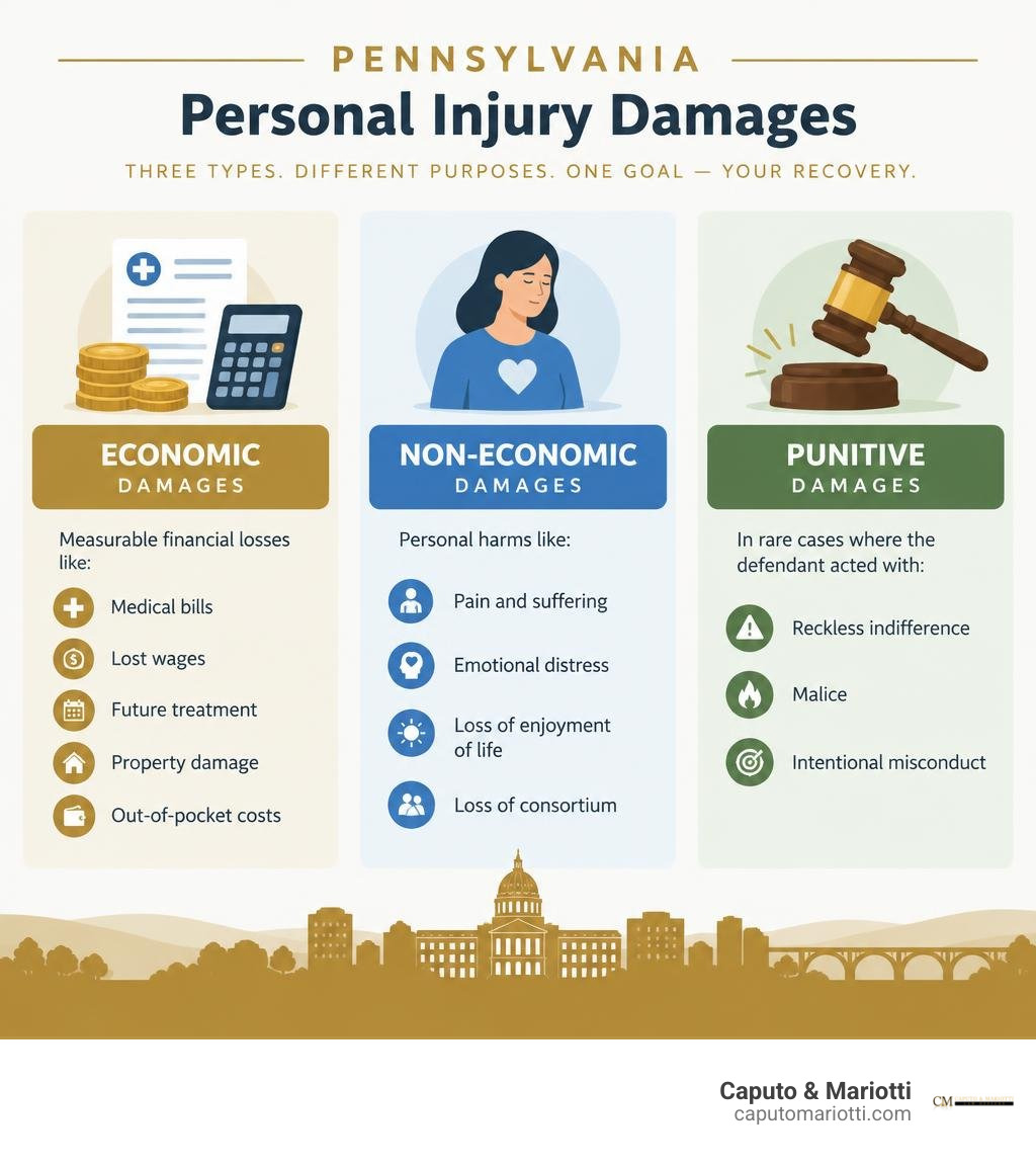 Infographic comparing economic non-economic and punitive damages in Pennsylvania infographic Infographic comparing economic non-economic and punitive damages in Pennsylvania infographic