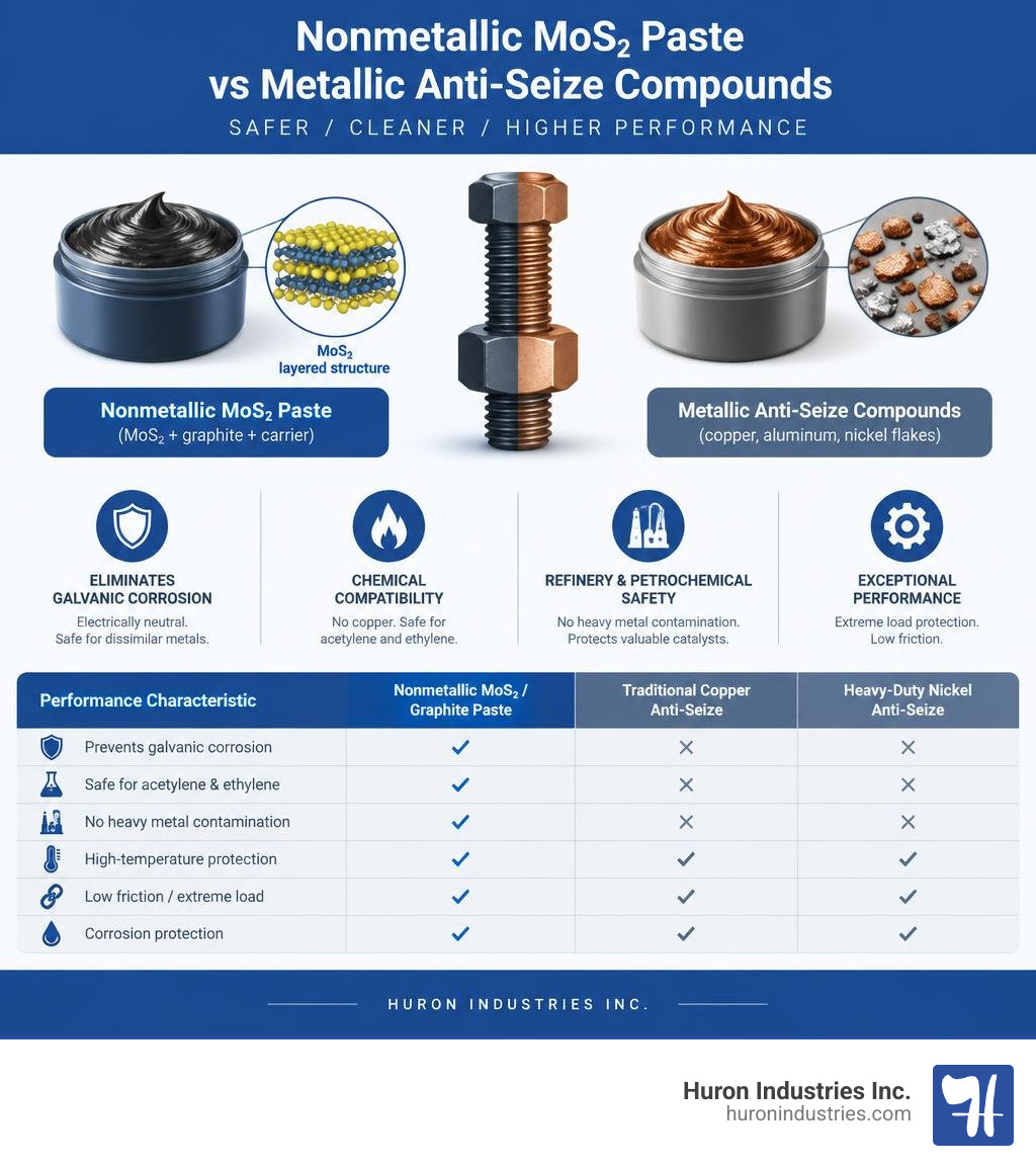 Comparison of Nonmetallic MoS2 Paste vs Metallic Anti-Seize Compounds infographic Comparison of Nonmetallic MoS2 Paste vs Metallic Anti-Seize Compounds infographic