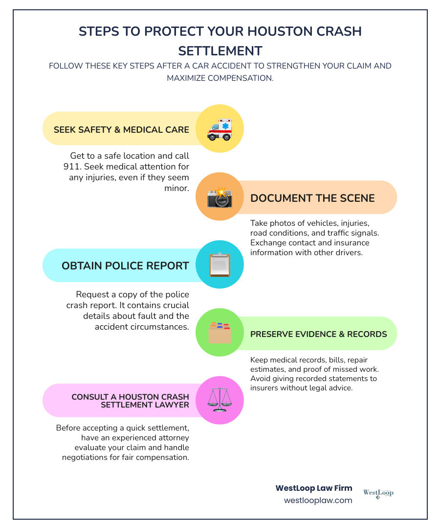 Houston car accident settlement claim steps infographic Houston car accident settlement claim steps infographic