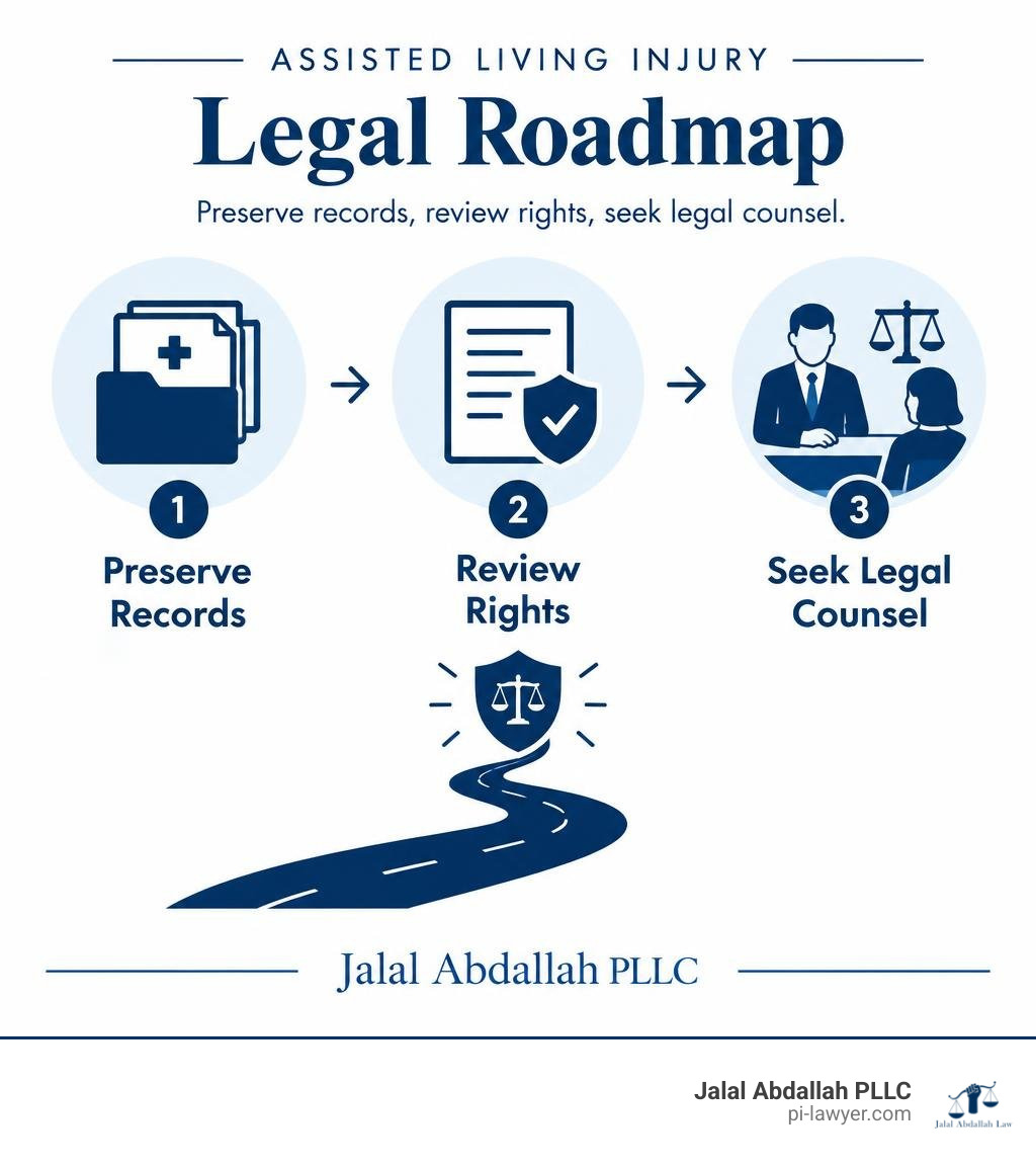Assisted living injury legal roadmap: preserve records, review rights, seek legal counsel infographic Assisted living injury legal roadmap: preserve records, review rights, seek legal counsel infographic