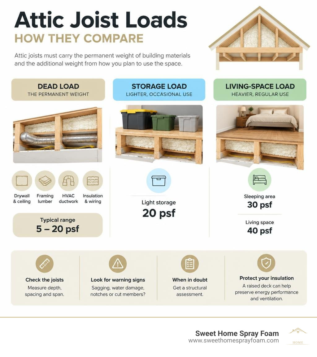 Infographic comparing dead load, storage load, and living-space load on attic joists infographic Infographic comparing dead load, storage load, and living-space load on attic joists infographic