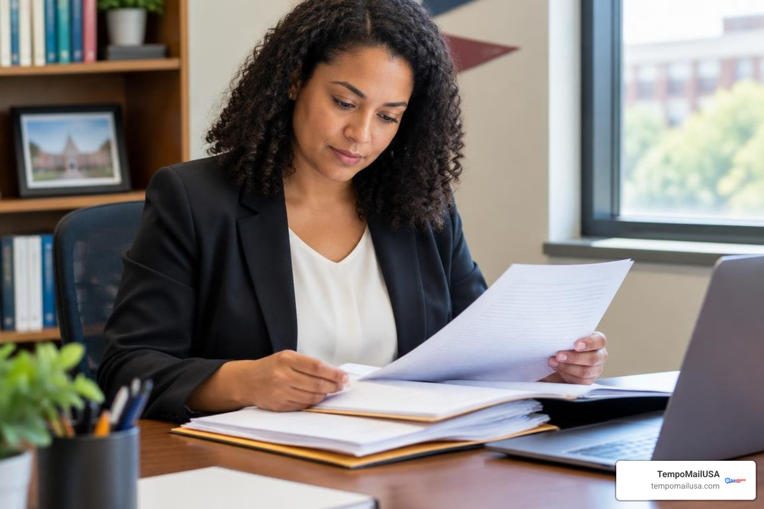 College admissions officer reviewing an application file College admissions officer reviewing an application file