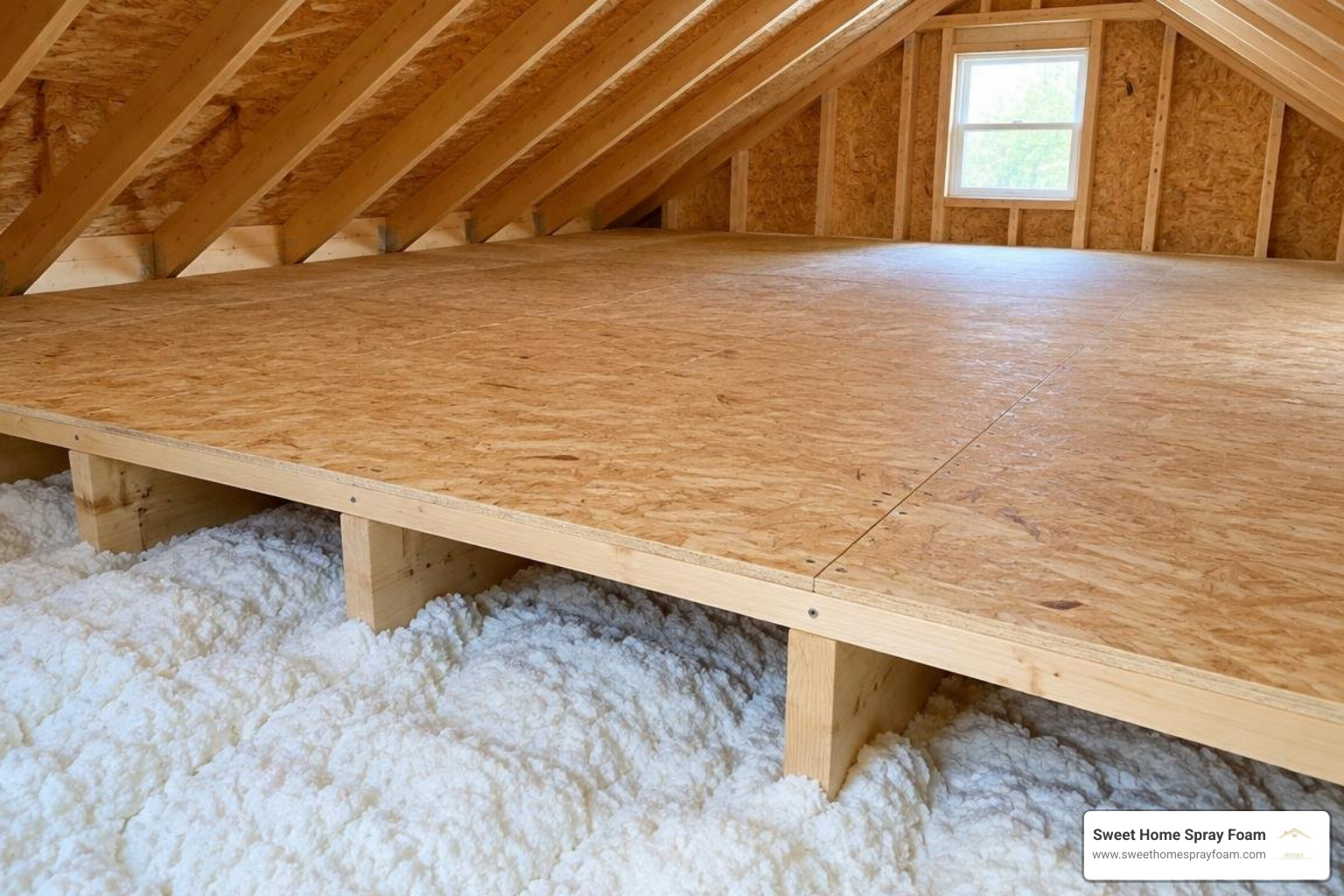 Raised attic decking installed over high-performance insulation Raised attic decking installed over high-performance insulation
