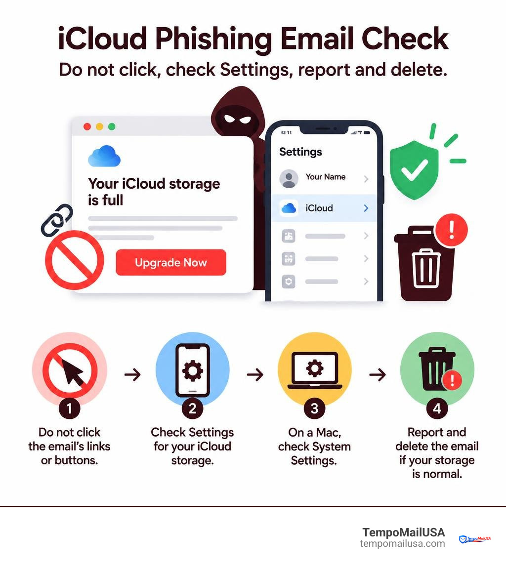 Infographic: iCloud phishing email check - do not click, check Settings, report and delete infographic