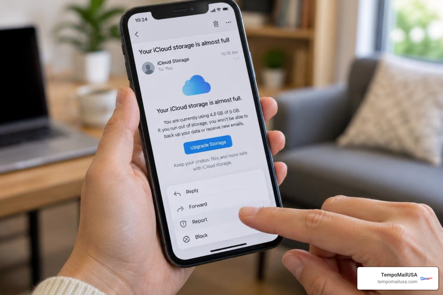 Reporting phishing email messages directly on a smartphone interface