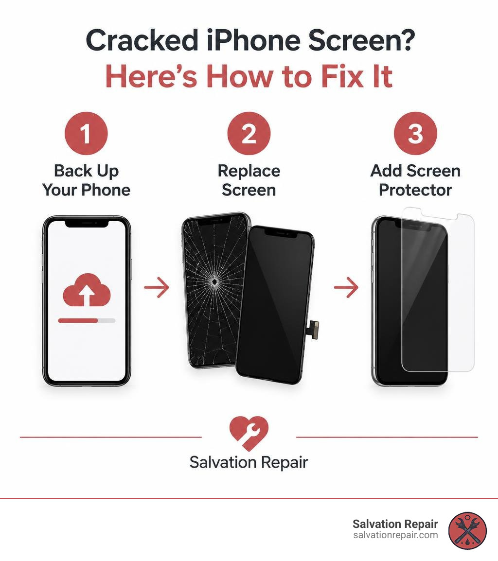 Cracked iPhone screen repair steps: back up phone, replace screen, add screen protector infographic