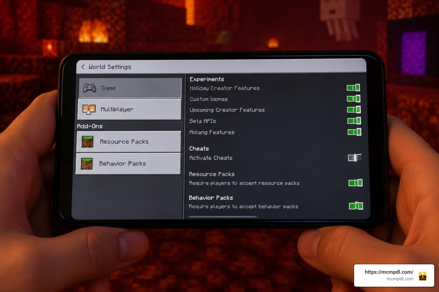 Minecraft Bedrock settings screen showing experimental toggles and behavior packs Minecraft Bedrock settings screen showing experimental toggles and behavior packs