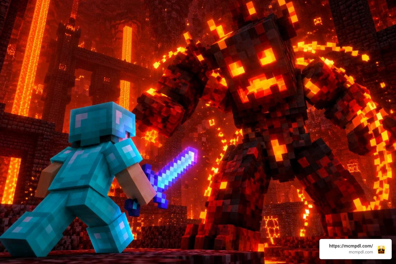 Player fighting a fiery boss mob inside a custom Nether dungeon structure Player fighting a fiery boss mob inside a custom Nether dungeon structure