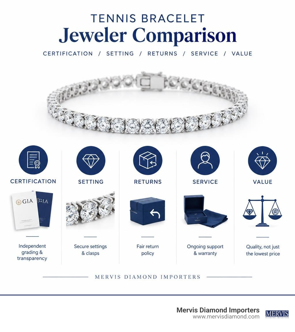 Tennis bracelet jeweler comparison: certification, setting, returns, service, and value infographic