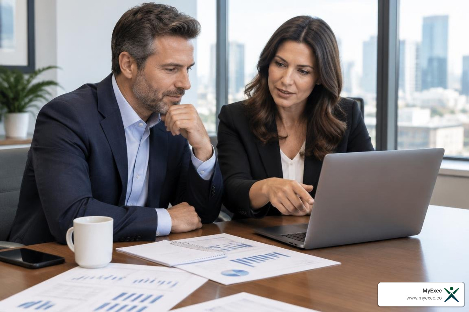 CFO and business owner reviewing a cash forecast and liquidity plan