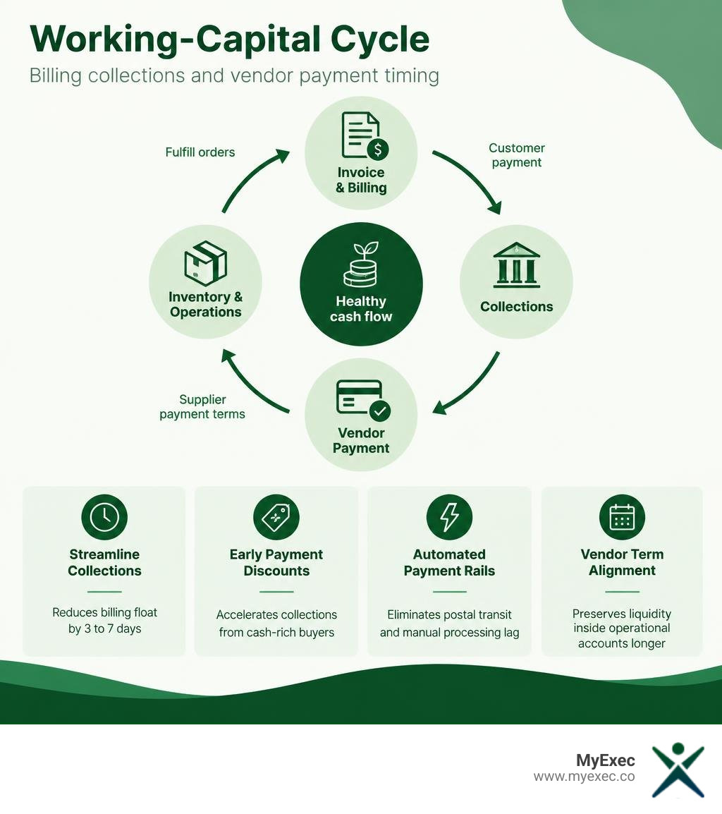 Working capital cycle infographic showing invoicing, collections, vendor payments, and inventory timing