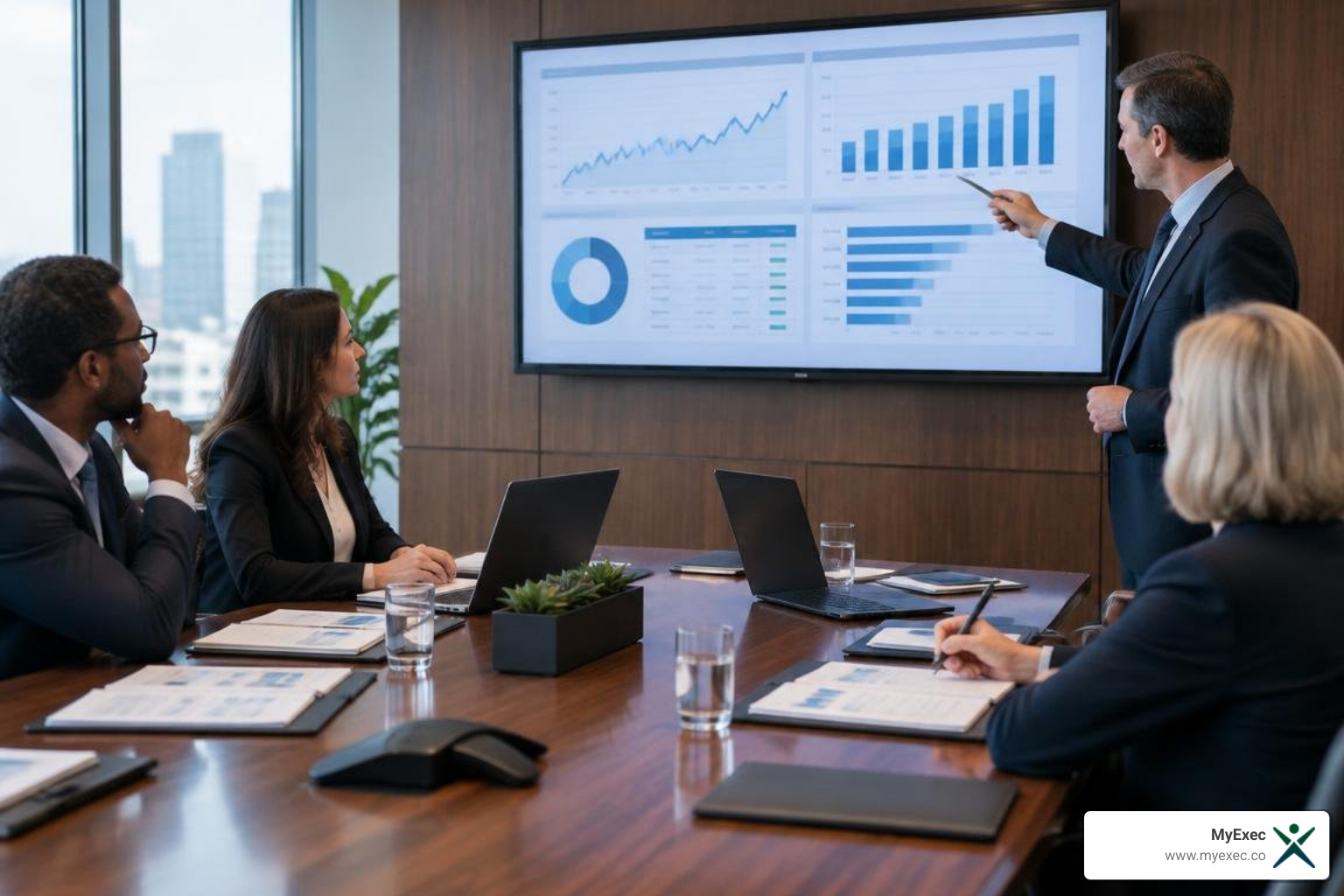 Finance leader presenting lender covenant and board reporting results to a leadership team
