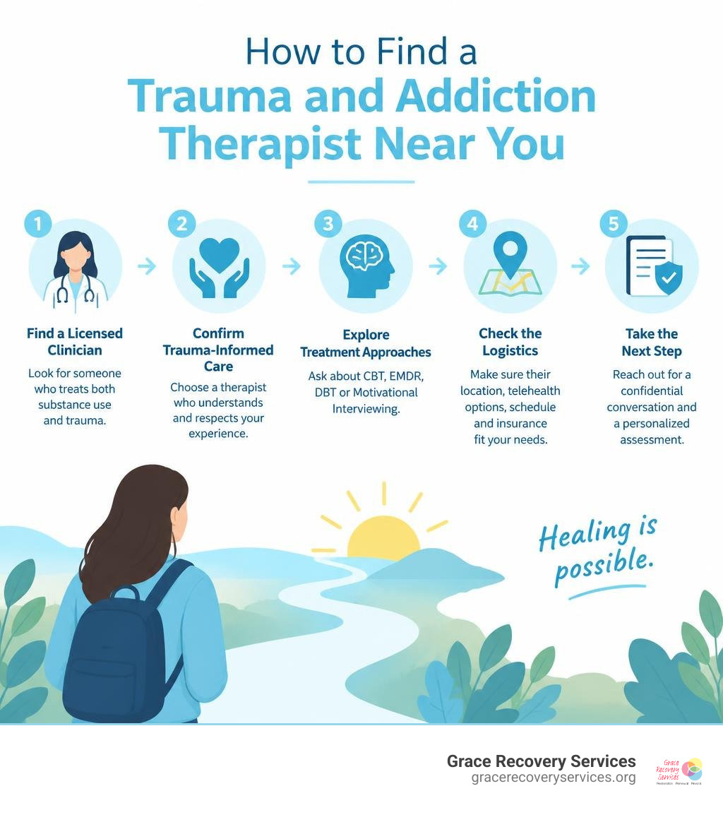 Infographic showing steps to find a trauma and addiction therapist near you infographic Infographic showing steps to find a trauma and addiction therapist near you infographic