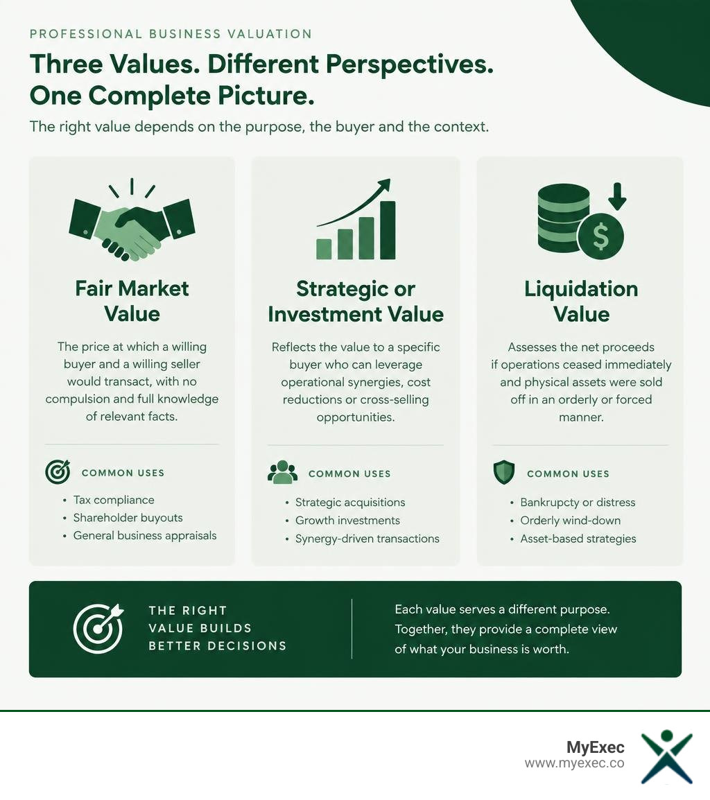 Infographic comparing fair market value, strategic or investment value, and liquidation value in a professional business valuation