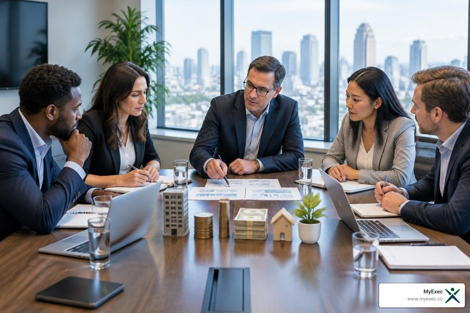 Advisors and business owners reviewing a business valuation reconciliation of enterprise value to equity value in a conference room