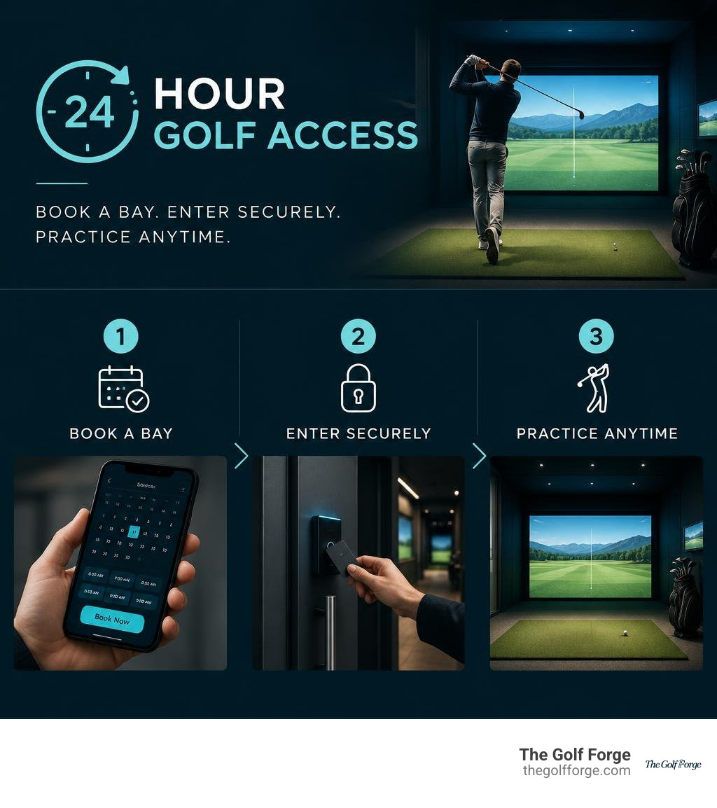 24 hour golf access: book a bay, enter securely, practice anytime infographic