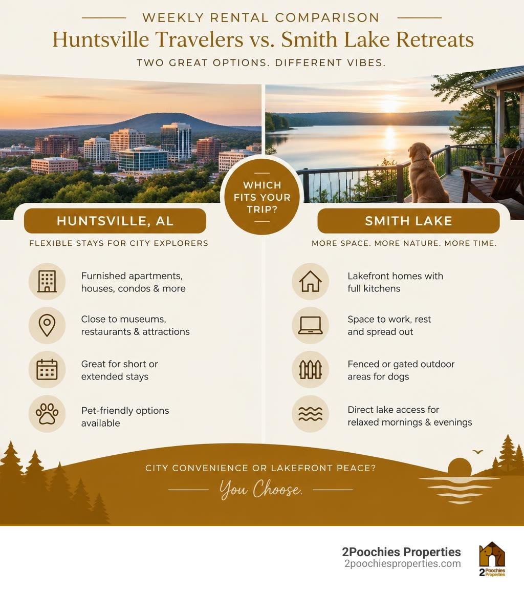 Weekly rental comparison for Huntsville travelers and Smith Lake retreats infographic