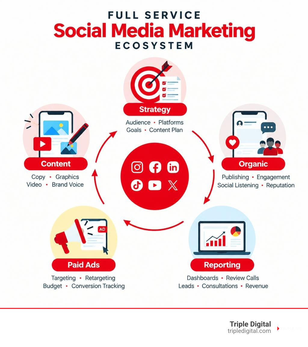 Full service social media marketing ecosystem: strategy, content, organic, paid ads, reporting infographic Full service social media marketing ecosystem: strategy, content, organic, paid ads, reporting infographic