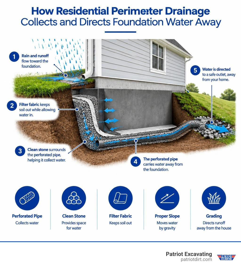 How residential perimeter drainage collects and directs foundation water away infographic How residential perimeter drainage collects and directs foundation water away infographic