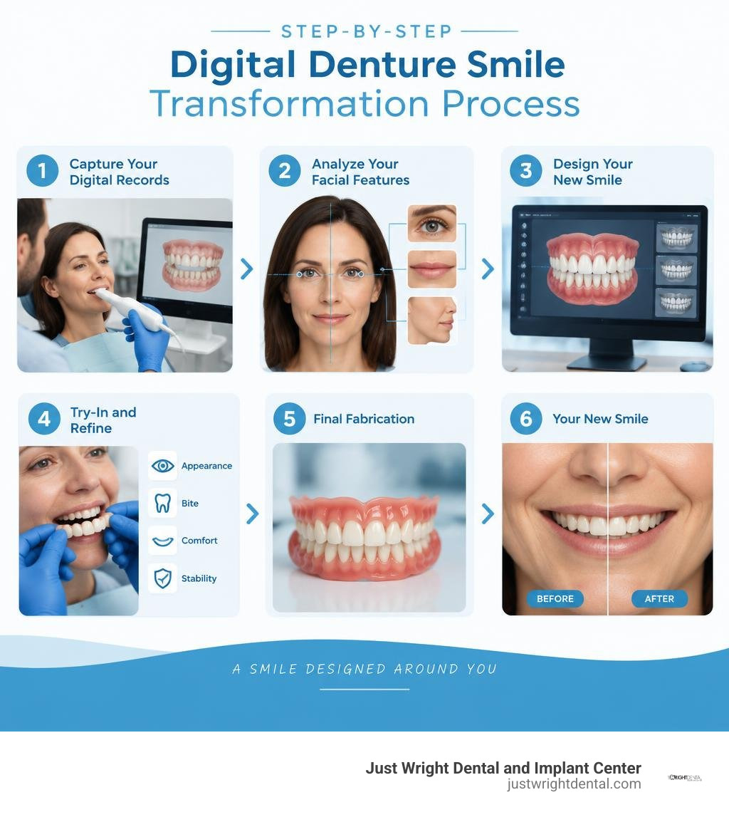 Step-by-step digital denture smile transformation process infographic