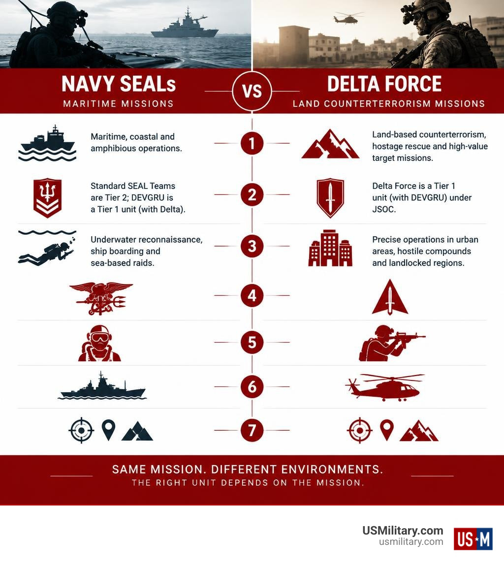 Infographic comparing Navy SEAL maritime missions and Delta Force land counterterrorism missions infographic