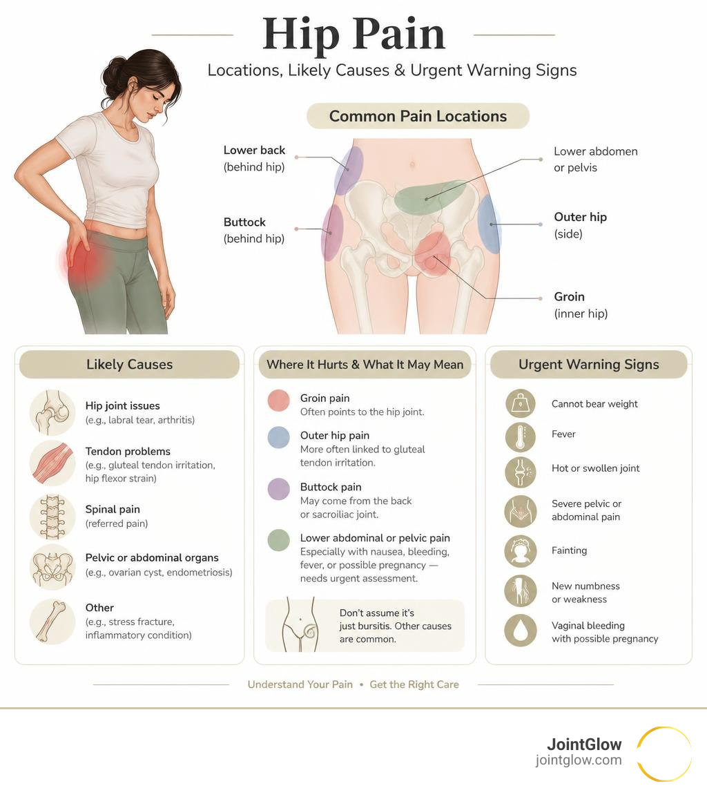 Hip pain locations, likely causes, and urgent warning signs infographic