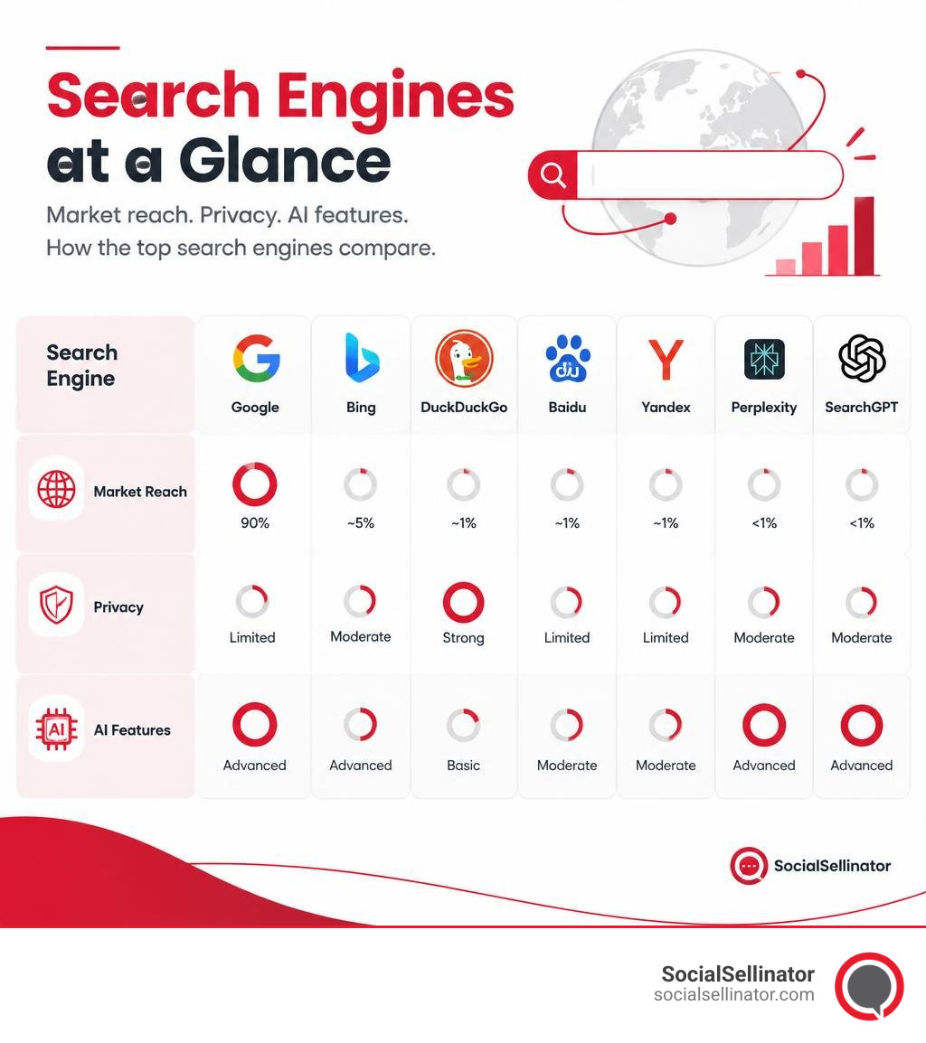 Infographic comparing leading search engines by market reach privacy and AI features infographic
