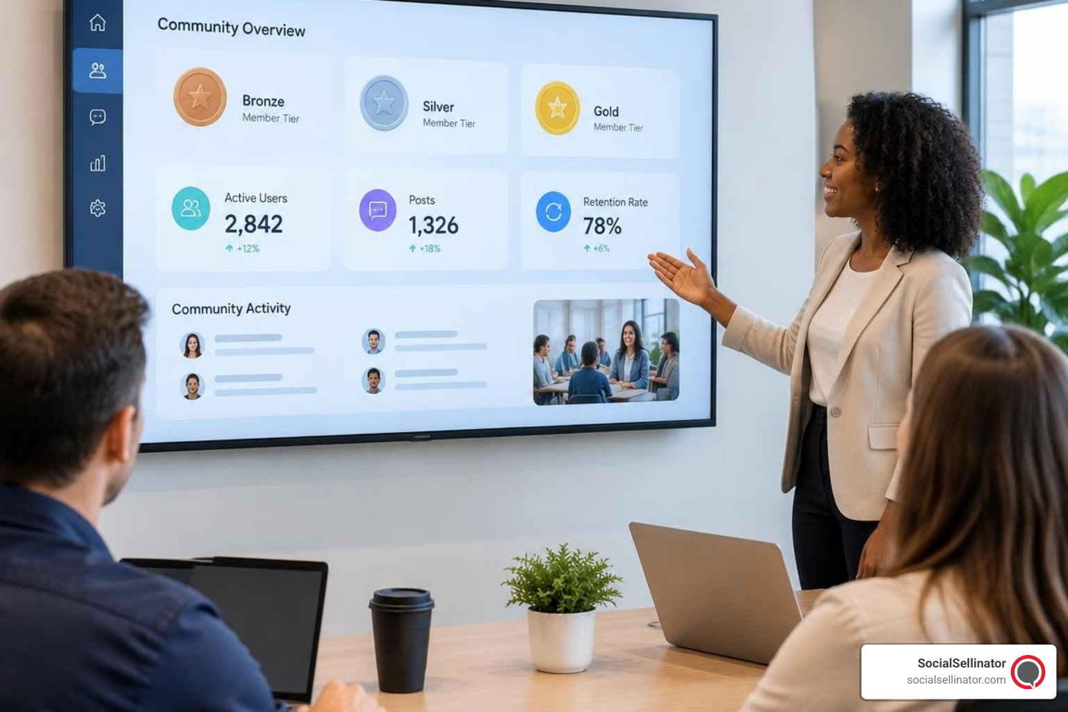 Photorealistic community dashboard showing member tiers and engagement metrics