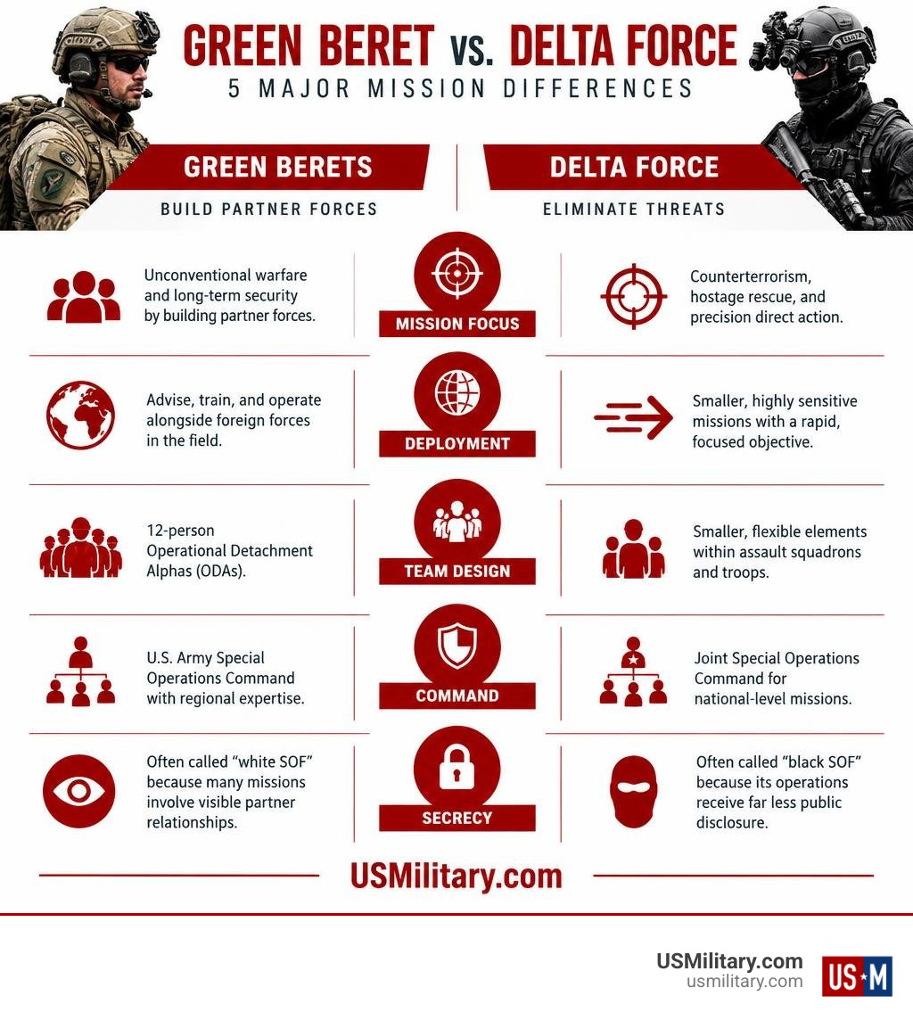 Infographic comparing Green Beret and Delta Force missions, teams, command, secrecy, and deployment infographic Infographic comparing Green Beret and Delta Force missions, teams, command, secrecy, and deployment infographic