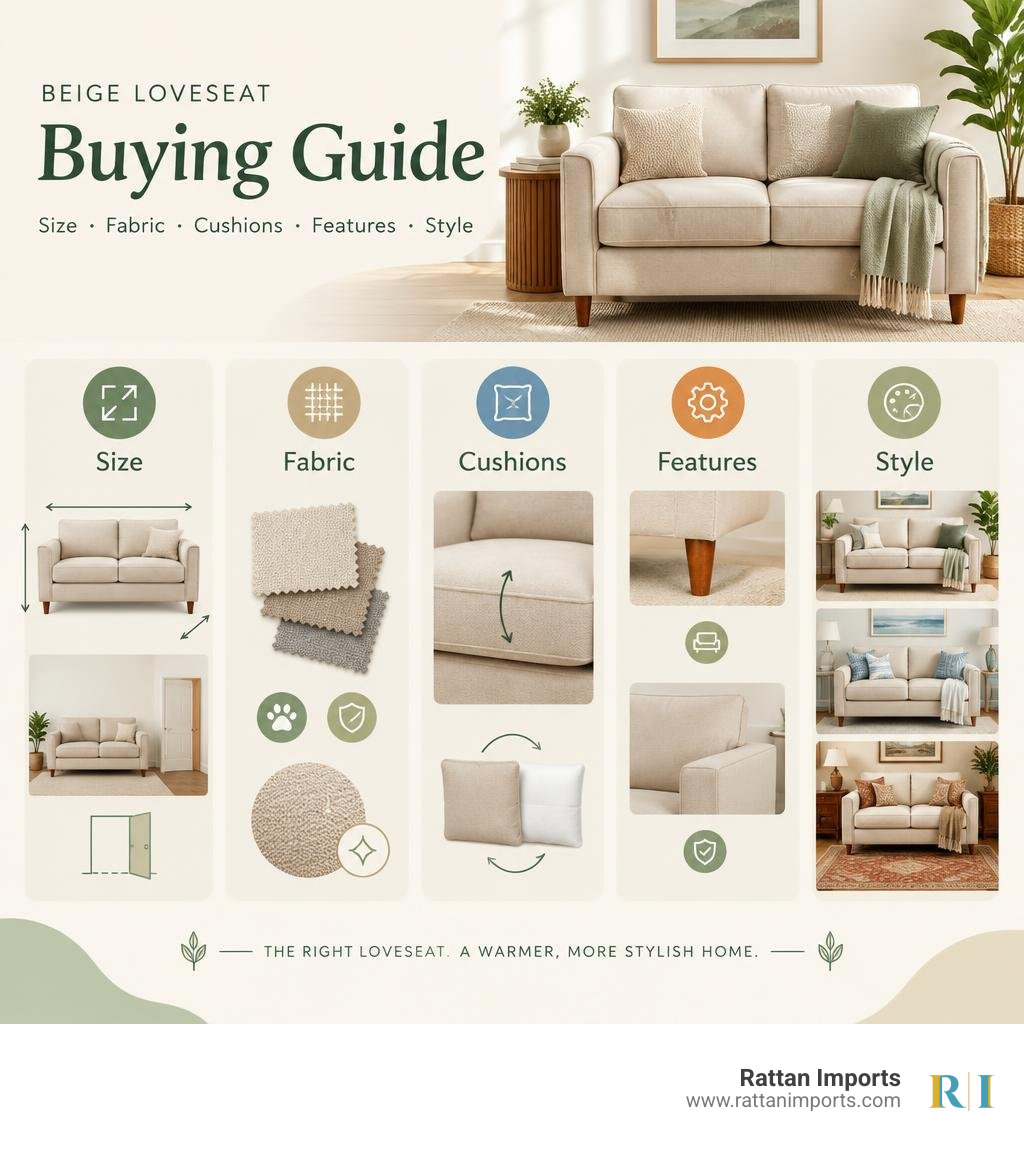 Beige loveseat buying guide: size, fabric, cushions, features, and style infographic