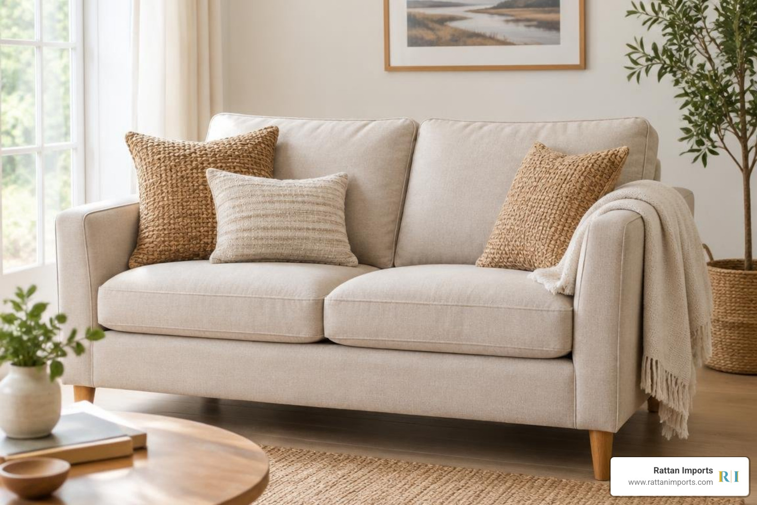 neutral beige loveseat with natural accents