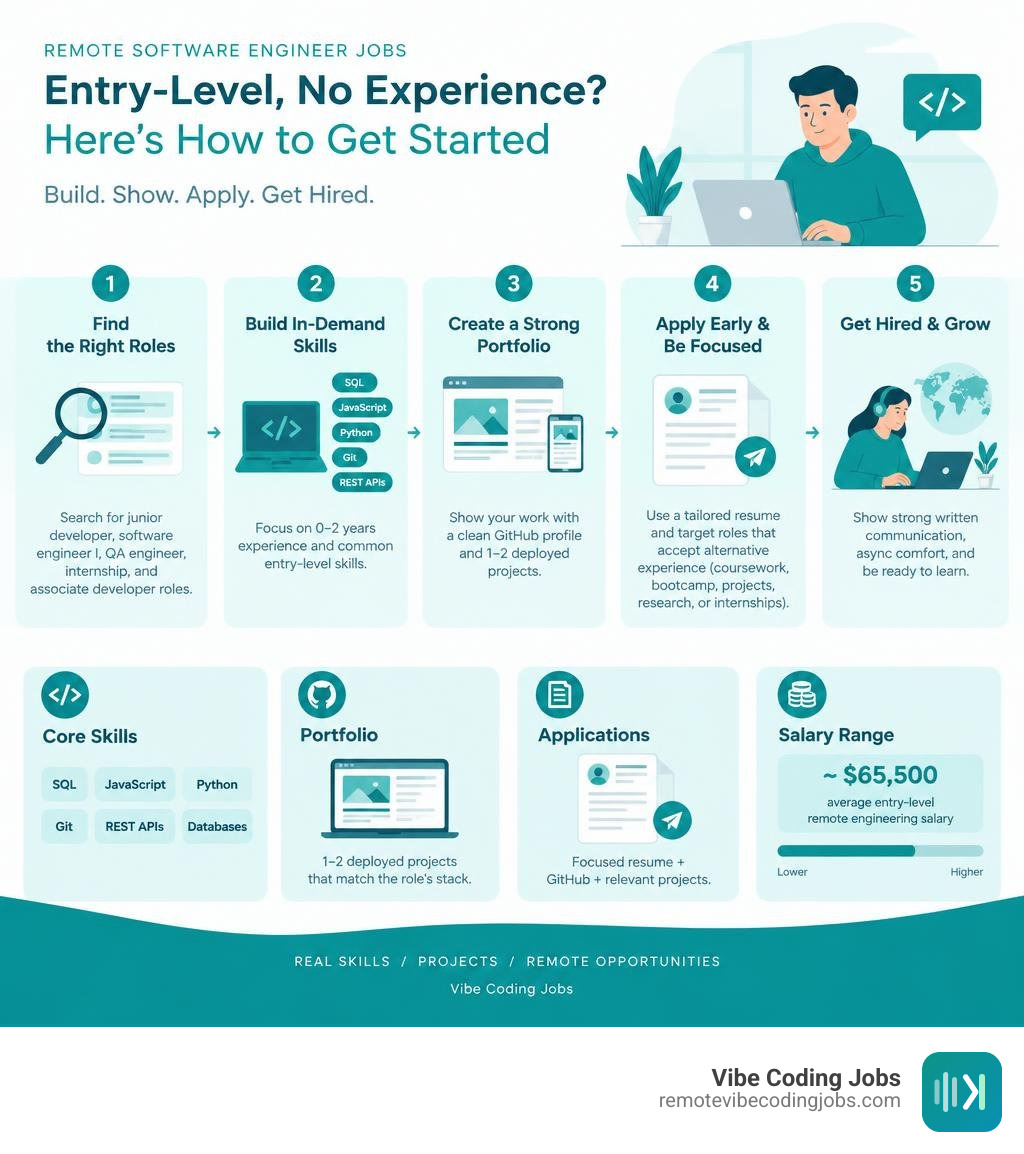 Entry-level remote engineering search steps, skills, portfolio, applications, and salary ranges infographic