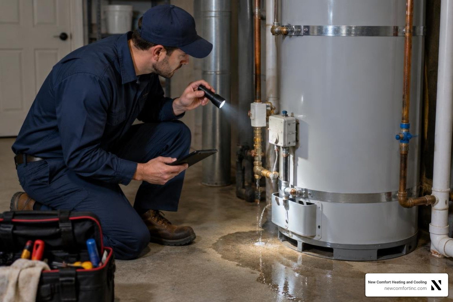 Licensed technician performing emergency water heater repair in a home utility room Licensed technician performing emergency water heater repair in a home utility room