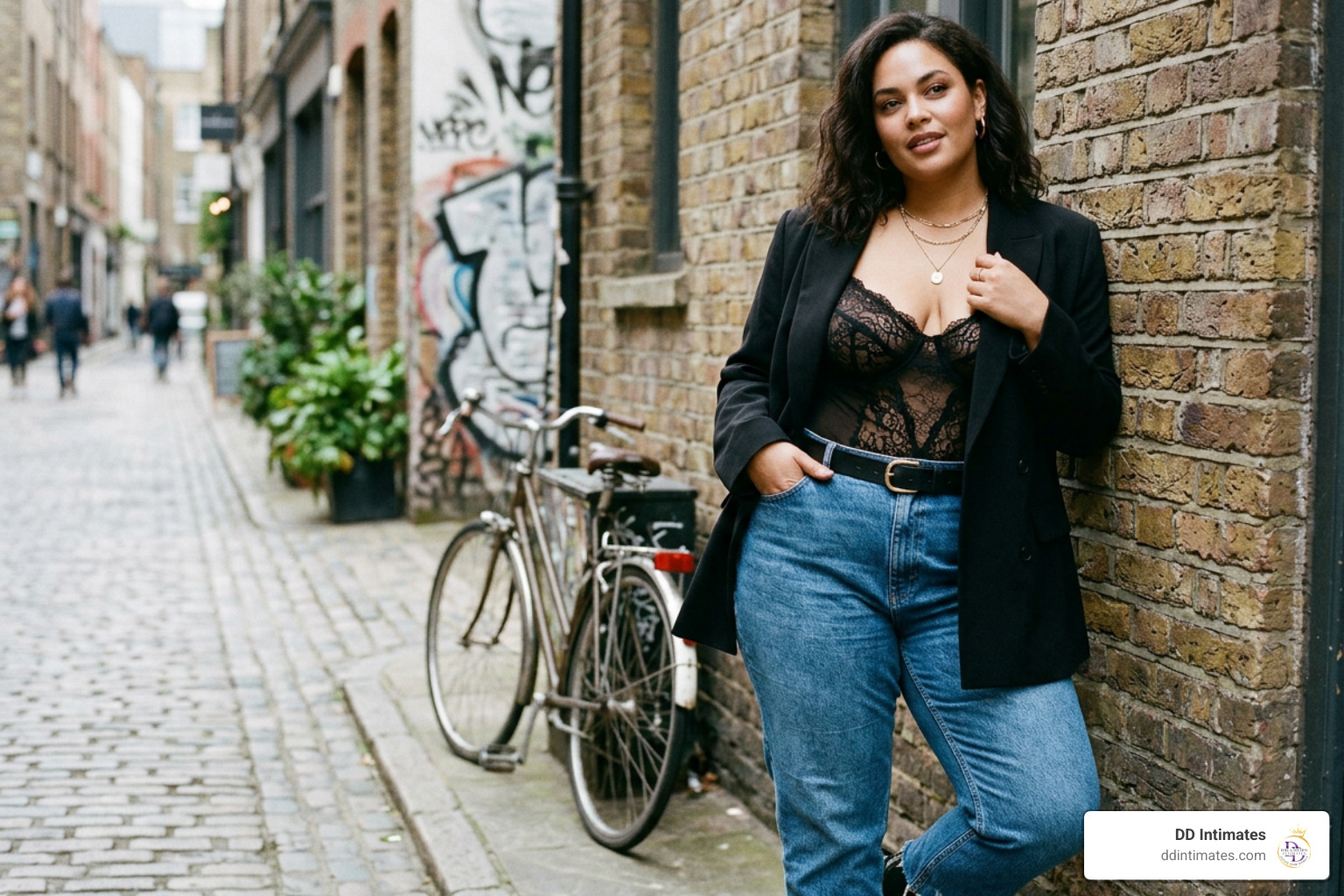 Styling a black lace teddy with high-waisted denim and a blazer