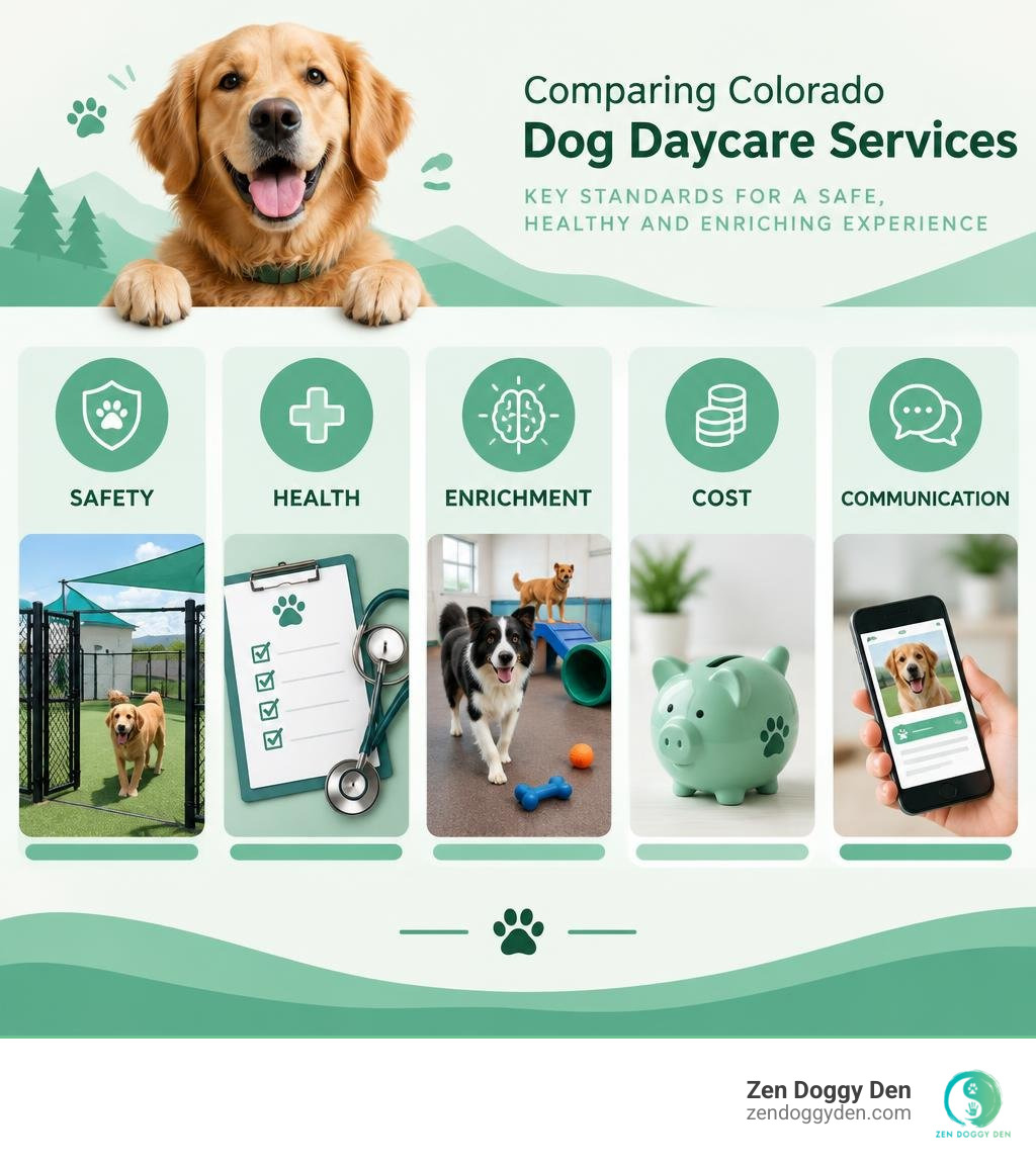 Infographic comparing daycare safety health enrichment cost and communication criteria infographic