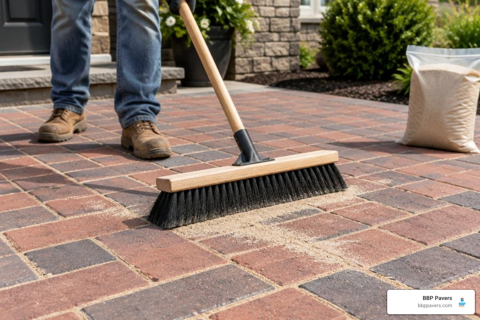 Contractor sweeping polymeric joint filler into clean brick paver joints on a patio Contractor sweeping polymeric joint filler into clean brick paver joints on a patio