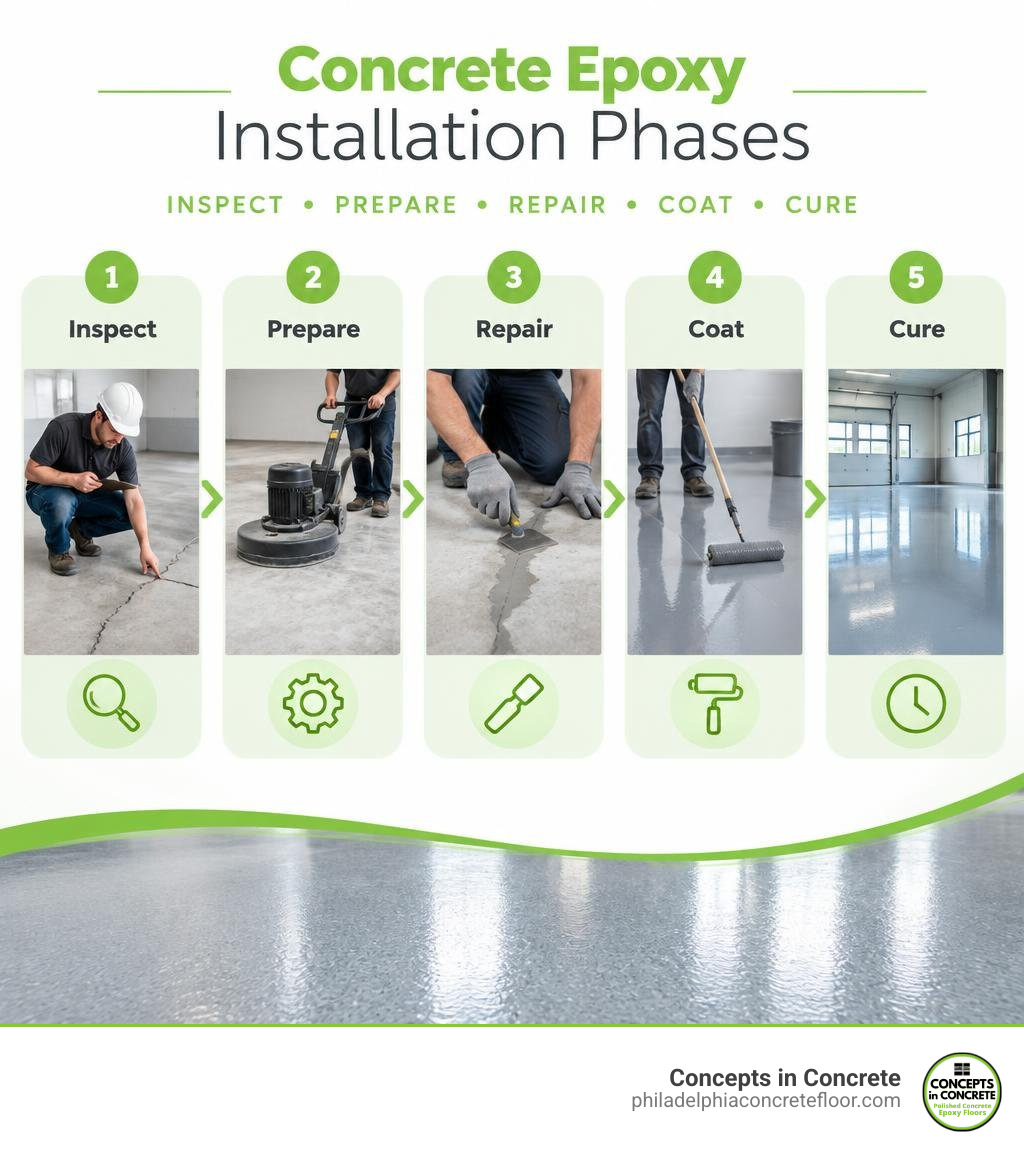 Concrete epoxy installation phases: inspect, prepare, repair, coat, cure infographic