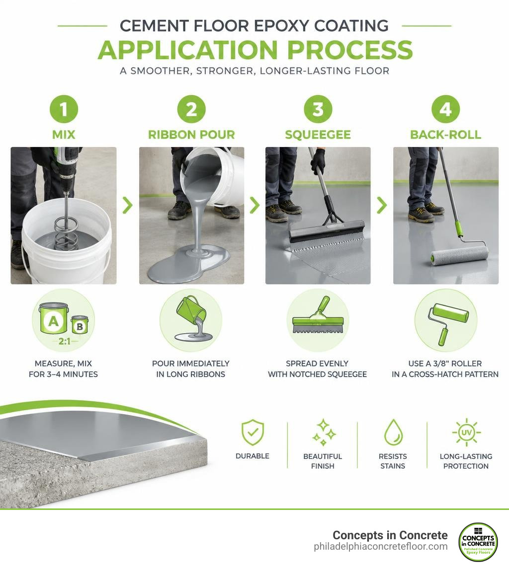 Infographic showing step-by-step epoxy application: mix, ribbon pour, squeegee, back-roll infographic