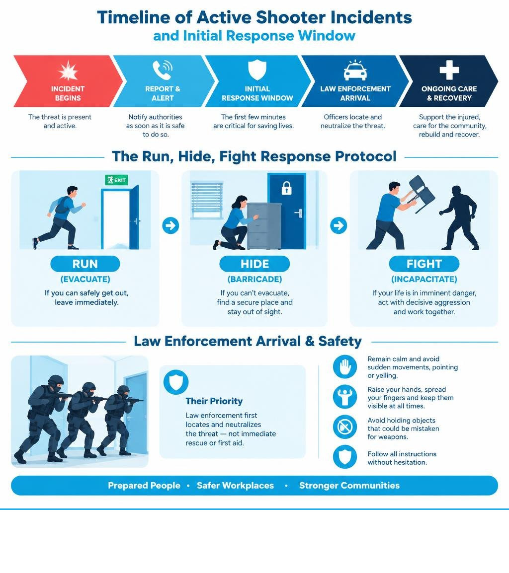 Timeline of active shooter incidents and initial response window infographic Timeline of active shooter incidents and initial response window infographic