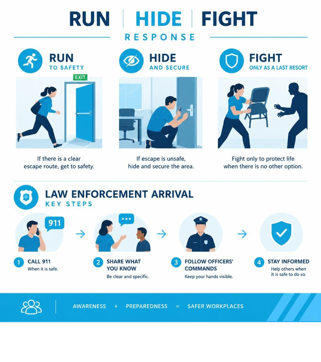 Run Hide Fight response and law enforcement arrival steps infographic Run Hide Fight response and law enforcement arrival steps infographic