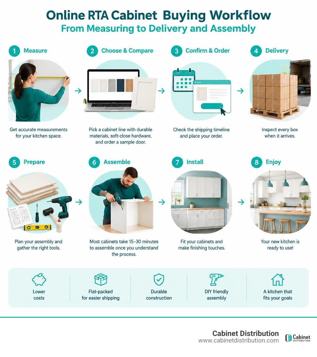 Online RTA cabinet buying workflow from measuring to delivery and assembly infographic Online RTA cabinet buying workflow from measuring to delivery and assembly infographic